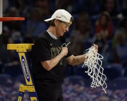 Tara VanDerveer cutting down the net after Stanford won the 2021 NCAA Women' basketball championship on April 4th. Tara VanDerveer cutting down the net