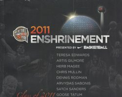 Page from the 2011 enshrinement program of the Naismith Memorial Basketball Hall of Fame . (1) Page from the 2011 enshrinement program of the Naismith Memorial Basketball Hall of Fame . (1)