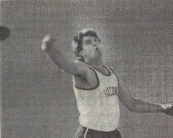 Trevor Hitchcock throwing discus. 1990. Trevor Hitchcock throwing discus. 1990.