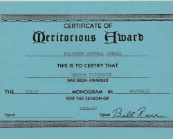 Varsity letter for football award, 1989. Varsity letter for football award, 1989.