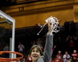Tara VanDerveer cuts down the net following Stanford's 74-53 win against the Iowa State
Cyclones on March 30,2009 at Haas Pavilion in Berkeley, CA. Tara VanDerveer cuts down the net following Stanford's 74-53 win against the Iowa State Cyclones on March 30,2009 at Haas Pavilion in Berkeley, CA.