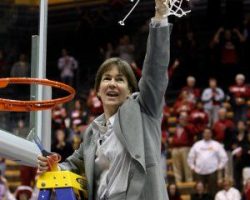 Tara VanDerveer cuts down the net following Stanford's 74-53 win against the Iowa State
Cyclones on March 30,2009 at Haas Pavilion in Berkeley, CA. Tara VanDerveer cuts down the net following Stanford's 74-53 win against the Iowa State Cyclones on March 30,2009 at Haas Pavilion in Berkeley, CA.