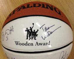 Among the donated items is a 2014 Wooden Award/Legends of Coaching autographed basketball. Among the donated items is a 2014 Wooden Award/Legends of Coaching autographed basketball.