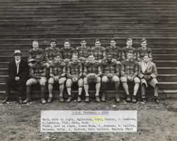1928 JHS Football team. Back: Eggleston, Foti, Meurer, J. Lambros, G. Lambros, Foti, Malm, Kohn. Front: Coach Moon, G. Jackson, W. Carlson, Malpede, McVay, A. Jackson, Eric Carlson, Hagberg (Mgr). 1928 JHS Football team.