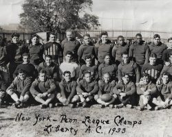 1933 Liberty Athletic Club. Top Row: Dr. Jim Caccamise, Tom Gregoris, Dan Russo, Basil Raffa, Bob Tabone, Bill Myers, Jim DeJoy, Seb Foti, George Jackson, Andy Jackson, Morrie Mistretta
, Joe Piatz, Phil Cammarata, Coach Jim “Tex” Dain.
Middle Row: Dom Gambria, Russ Conti, Tom Abadessa, Tony Paterniti, Moe Aiken, Tony Agate, Jim Sardi, Mata Paterniti. Bottom row: unknown, Joe Baggiano,
Jim Foti , John Paterniti, Tony Montagna, Dicky Paterniti, Joe Crucilla, Roccie Malpede, Jack Vaccaro, Busty Armeli,
Carmen Galati. 1933 Liberty Athletic Club