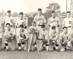 1945 Steel Partition Bombers. BACK ROW: Ralph Mee, Chan Wolfe, Kenny Vance, William Baker, Kenny "Murph" Johnson, Phil Newton, Lou Brown FRONT ROW: Roger DuBois, Ralph Bradigan, Les James, Harold "Lefty" Pratt, Rick Brown (batboy), Joe Nagle (manager), Jimmy Rodgers, Warren Mee, Don Nagle, Leo Squinn 1945 Steel Partition