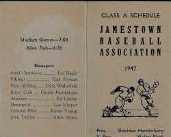 1947 Jamestown Baseball Association schedule cover. 1947 Jamestown Baseball Association.