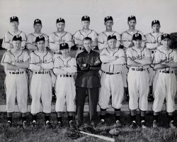 1949 Steel Partition Bombers.
Rear: Don Nagle, Jimmy Rodgers, Bob Bender, Merlin Peterson, Ralph Mee, Roger DuBois, Joe Bender.
Front: Clayt Sorenson, Steve Dankovich, Joe Nagle, Ralph Millard, Lou Brown, Lefty Pratt, Les James. 1949 Steel Partition Bombers.
