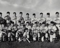 1951 Steel Partition Bombers
Standing: Warren Halladay, Bud Weaver, Frank Smrekar, John Y. Carlson, Lefty Pratt, Murray Marsh, Ted Wyberanec, Tom Sarro, Les James. Kneeling: Bruce Martenson, Rog DuBois, Don Nagle, Joe Nagle, Bob Fredo, Joe Bender, Bob Bender. Bat boy: Bobby James. 1951 Steel Partition Bombers