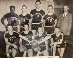 1958-59 Starliters basketball team. Tom Prechtl is in middle of back row. Jack Fulford is in back row, second from right between Tom Prechtl and coach Ted Wyberanec. 1958-59 Starliters basketball team