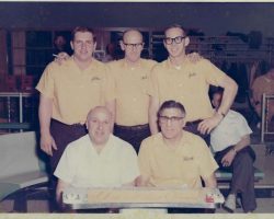 1967 Shea's Deluxe Cleaners bowling team at Satellite Bowl. Back: Jim Rissel, Carl Wilzen, John Wiquist
Front: Paul Millioto, Morrie Mistretta. 1967 Sheas Deluxe Cleaners