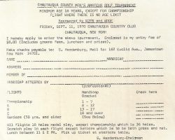 Chautauqua County Men's Amateur Golf Tournament entry form. 1970. Chautauqua County Men's Amateur Golf Tournament entry form. 1970.