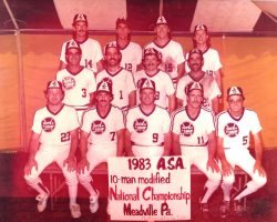 1983 Jock Shop softball team. Front row left to right: Kim Wefing, Dan Harnish, Bob Schmitt, Bob Burns, Jim Brooks. Middle row: John Mancari, Rich Pinciaro, Terry Woodfield, Joe Mistretta. Back row: Bruce Sprankle, Pete Caprino, John Woodfield, Larry Dye. 1983 Jock Shop softball team.