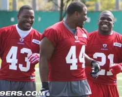 Jehuu Caulcrick (43), Moran Norris (44), Frank Gore (21) with the 2010 San Francisco 49ers. Photo credit 49ers.com. Jehuu Caulcrick (43), Moran Norris (44), Frank Gore (21) with the 2010 San Francisco 49ers. Photo credit 49ers.com.