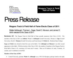 2011 Niagara Track & Field Hall of Fame press release, page 1. 2011 Niagara Track & Field Hall of Fame press release, page 1.