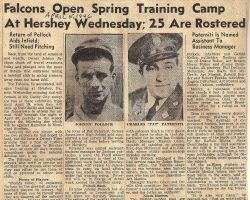 Falcons Open Spring Training Camp At Hershey Wednesday; 25 Are Rostered. <em>Post-Journal</em> (Jamestown), April 5, 1946. Falcons Open Spring Training Camp At Hershey Wednesday; 25 Are Rostered. April 5, 1946.