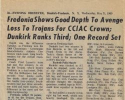 Fredonia Shows Good Depth To Avenge Loss To Trojans for CCIAC Crown. <em>Evening Observer</em> (Dunkirk-Fredonia), May 21, 1969. Fredonia Shows Good Depth To Avenge Loss To Trojans for CCIAC Crown. May 21, 1969.