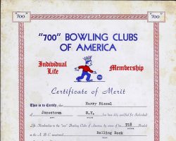 Certificate of Merit acknowledging 718 series bowled in 1958. Certificate of Merit acknowledging 718 series bowled in 1958.