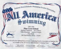 200 Yard Medley Relay All America Award. 1985-1986. 200 Yard Medley Relay All America Award. 1985-1986.