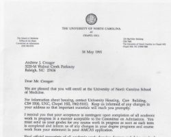 Medical School admission letter. 1991. Medical School admission letter.