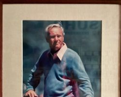 Autographed Arnold Palmer photograph. The inscription plate reads "Presented in appreciation of your dedication and support of the PGA of America, Patrick J. Rielly President, November 28, 1990." Arnold Palmer. 1990.