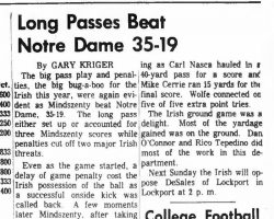 Long Passes Beat Notre Dame 35-19. <em>The Daily News</em> (Batavia), October 14, 1968. Long Passes Beat Notre Dame 35-19. October 14, 1968.