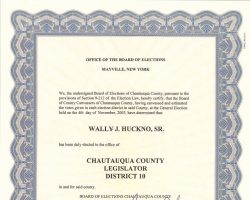 Board of Elections certification of Wally Huckno's election to the Chautauqua County Legislature, December 1, 2003. Board of Elections certification of Wally Huckno's election to the Chautauqua County Legislature, December 1, 2003.