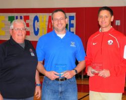From the left, Bob Goold, sportsmanship symposium coordinator, presents CCAA “Be The Change” awards to Jake Hitchcock, athletic director at Westfield Central School, middle, and Jamestown High School athletic director Ben Drake. <em>Post-Journal</em> (Jamestown), November 17, 2017. Bob-Goold-Jake-Hitchcock-Ben-Drake