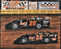 Drawing of the first (1993, top) and last (2009, bottom) race cars driven by Dick Barton for Meadville, PA car owner Ron Nielson. Drawing of race cars driven by Dick Barton