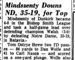 Mindszenty Downs ND, 35-19 For Top. <em>Buffalo Courier Express</em>, October 13, 1968. Mindszenty Downs ND, 35-19 For Top. October 13, 1968.