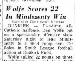 Wolfe Scores 22 In Mindszenty Win. <em>Buffalo Courier Express</em>, October 6, 1968. Wolfe Scores 22 In Mindszenty Win. October 6, 1968.