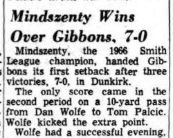 Mindszenty Wins Over Gibbons, 7-0. <em>Buffalo Courier Express</em>, October 8, 1967. Mindszenty Wins Over Gibbons, 7-0. October 8, 1967.