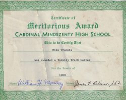 Cardinal Minszenty Meritorious Award - track, 1960. CM-track-1960