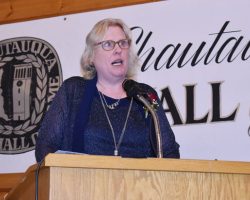 2020 inductee Christine (Carlson) Jenkins delivers her acceptance speech. <em>Post-Journal</em> (Jamestown), February 18, 2020. P-J photo by Scott Kindberg. CSHOF-Chris-Carlson-Jenkins-2-17-2020