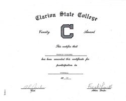 Clarion State College football certificate. 1967. Clarion State College football certificate. 1967.