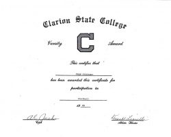 Clarion State College football certificate. 1968. Clarion State College football certificate. 1968.