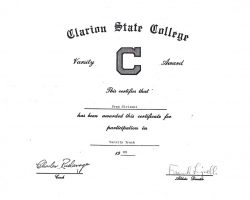 Clarion State College track certificate. 1969. Clarion State College track certificate. 1969.