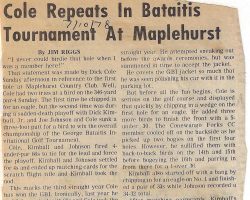 Cole Repeats In Bataitis Tournament At Maplehurst. <em>Post Journal</em> (Jamestown), July 10, 1978. Cole Repeats In Bataitis Tournament At Maplehurst. July 10, 1978.