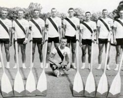 1957 Cornell crew team on land. Phil Gravink is on far left. 1957 Cornell crew team on land. Phil Gravink is on far left.