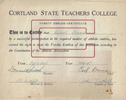 Cortand College varsity baseball certificate, 1946-47. Cortand College varsity baseball certificate, 1946-47.