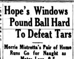 Hope's Windows Pound Ball Hard To Defeat Tars. <em>Jamestown Evening Journal</em>, July 28, 1937. Hope's Windows Pound Ball Hard To Defeat Tars. July 28, 1937.