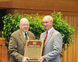 Ed Bowen presents Vincent Powers plaque to Randy Anderson at National Museum of Racing and Hall of Fame, 2015. Ed Bowen presents Vincent Powers plaque to Randy Anderson.