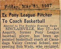 Ex PONY League Pitcher To Coach Basketball. <em>Buffalo Evening News</em>, May 31, 1957. Ex PONY League Pitcher To Coach Basketball. May 31, 1957.