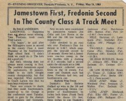 Jamestown First, Fredonia Second In The County Class A Track Meet. <em>Evening Observer</em> (Dunkirk-Fredonia), May 24, 1968. Jamestown First, Fredonia Second In The County Class A Track Meet. May 24, 1968.
