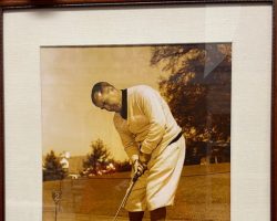Autographed Gene Sarazen photograph. The inscription plate reads "Presented to John J. Jachym in appreciation of your contribution to golf and to the PGA of America, Dick Smith President, November 1992." Gene Sarazen 1992.