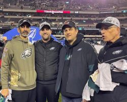 Left to right; Jay, Nick, Mike, Fran Sirianni in photo taken 1-29-23 after Nick's Philadelphia Eagles won the National Football Conference championship game in Philadelphia. Left to right; Jay, Nick, Mike, Fran Sirianni in photo taken 1-29-23 after Nick's Philadelphia Eagles won the National Football Conference championship game in Philadelphia.