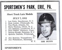 Sportmen's Park, Erie PA. 1952. Lloyd Moore racing June 8. Sportmen's Park, Erie PA. 1952. Lloyd Moore racing June 8.