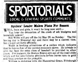 Spiders' Leader Makes Plans For Season. <em>Jamestown Evening Journal</em>, April 19, 1932. Spiders' Leader Makes Plans For Season. April 19, 1932.