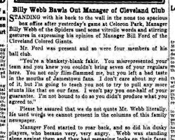 Billy Webb Bawls Out Manager of Cleveland Club. <em>Jamestown Evening Journal</em>, June 16, 1930. Billy Webb Bawls Out Manager of Cleveland Club. June 16, 1930.