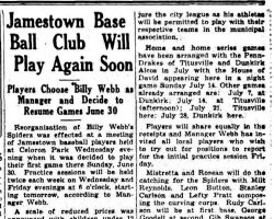 Jamestown Base Ball Club Will Play Again Soon. <em>Jamestown Evening Journal</em>, June 20, 1935. Jamestown Base Ball Club Will Play Again Soon. June 20, 1935.
